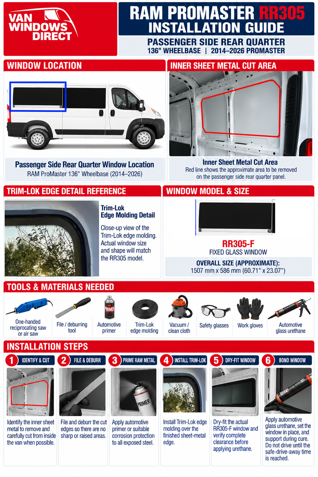 RAM ProMaster RR305-F passenger side rear quarter window installation guide